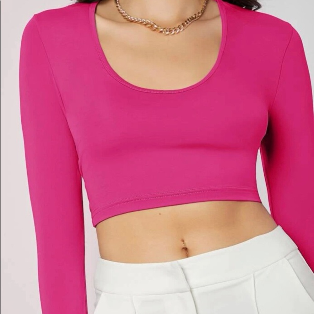 Pink Scoop Neck Solid Crop Tee